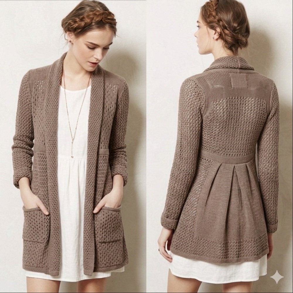 Anthropologie Matinee Brown Knit Open Cardigan Angel of the North Sz S Pockets